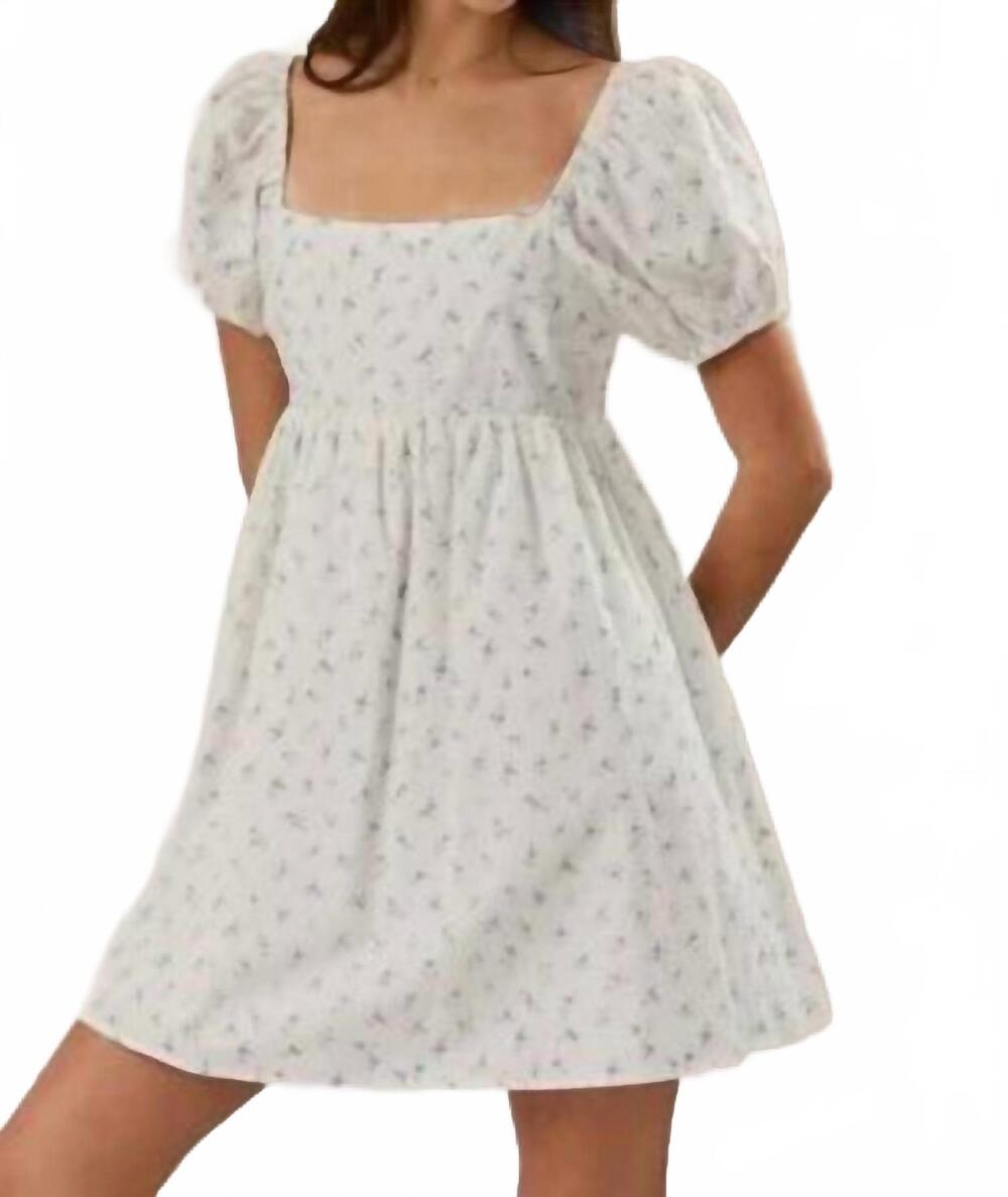 NEW LE LIS puff short sleeve square neck baby doll mini dress in white